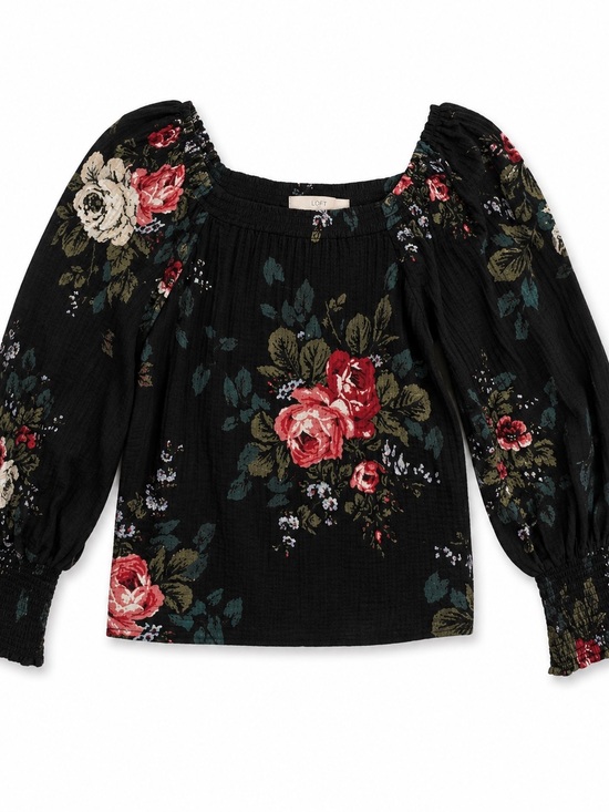 LOFT Tops - LOFT Black Floral Rose Print Peasant Blouse Large Long Sleeve Smocked Cuff Top